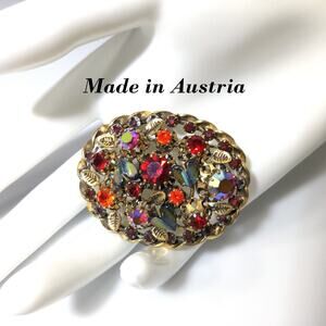 Vintage Austrian Red Orange AB Rhinestone Leaf Brooch Art Glass 1950s